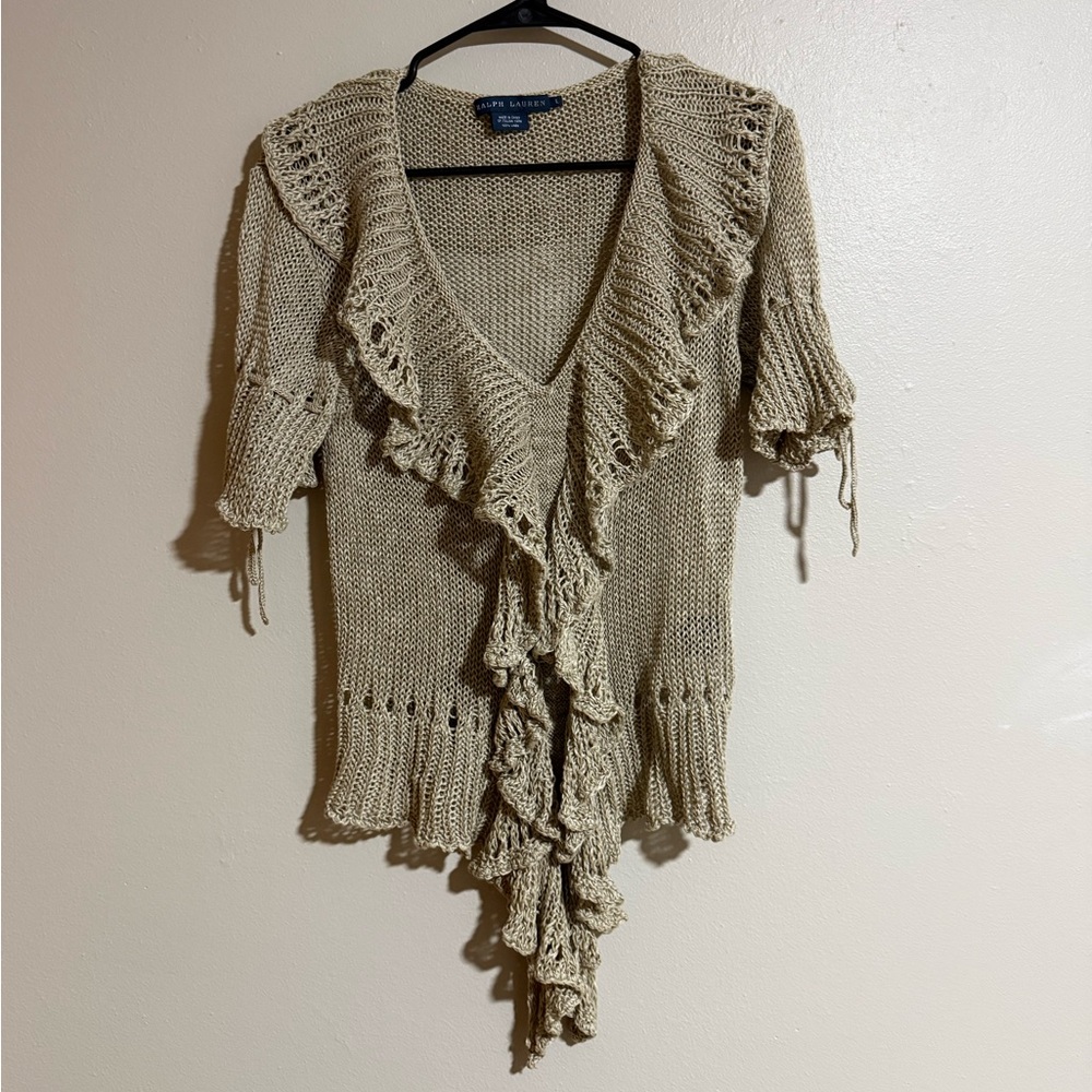 Ralph Lauren Beige Ruffled V-Neck Knit Sweater